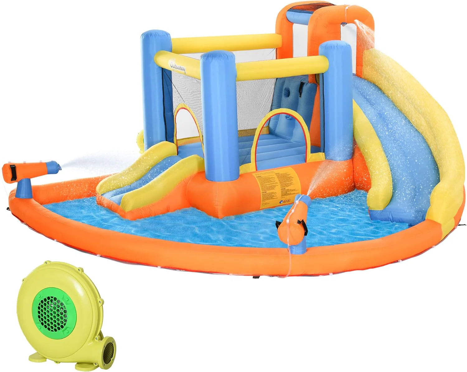 Outsunny 5-in-1 Inflatable Water Slide Bounce House, Orange Blue Yellow, 450W Air Blower