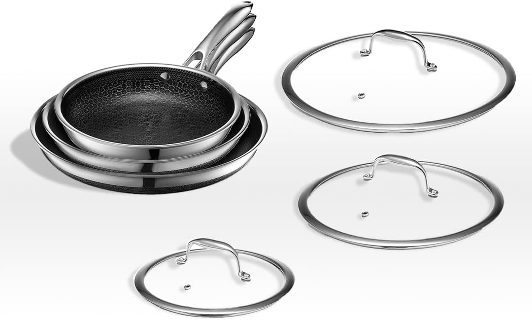 6-Piece Stainless Steel Fry Pan Set, 8, 10, And 12-Inch With Tempered Glass Lids – Black