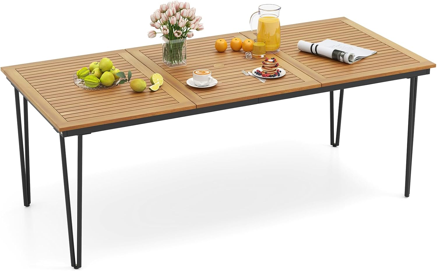 RELAX4LIFE Outdoor Dining Table For 8, 79 inch Rectangular Acacia Wood Top, Umbrella Hole, Metal Legs – Natural + Black