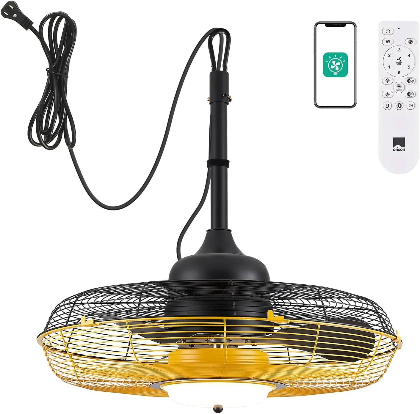 Orison Outdoor Plug-In Ceiling Fan With Light, Yellow, 21in D x 21in W x 10in H – B63992
