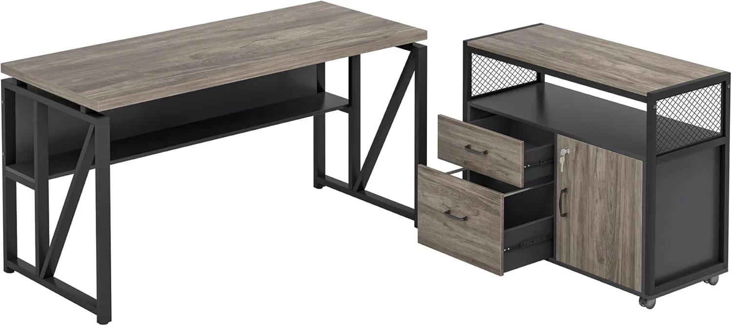 L-Shaped Computer Desk With Drawer Cabinet, 63 Inches, 2 Piece – Gray