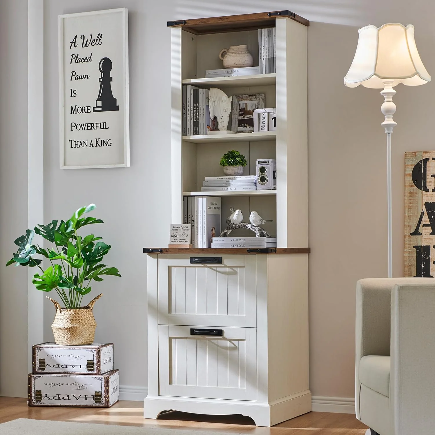 Bookcase With 2 File Drawers, 4 Shelves, 23.5in D x 23.6in W x 72in H – Antique White