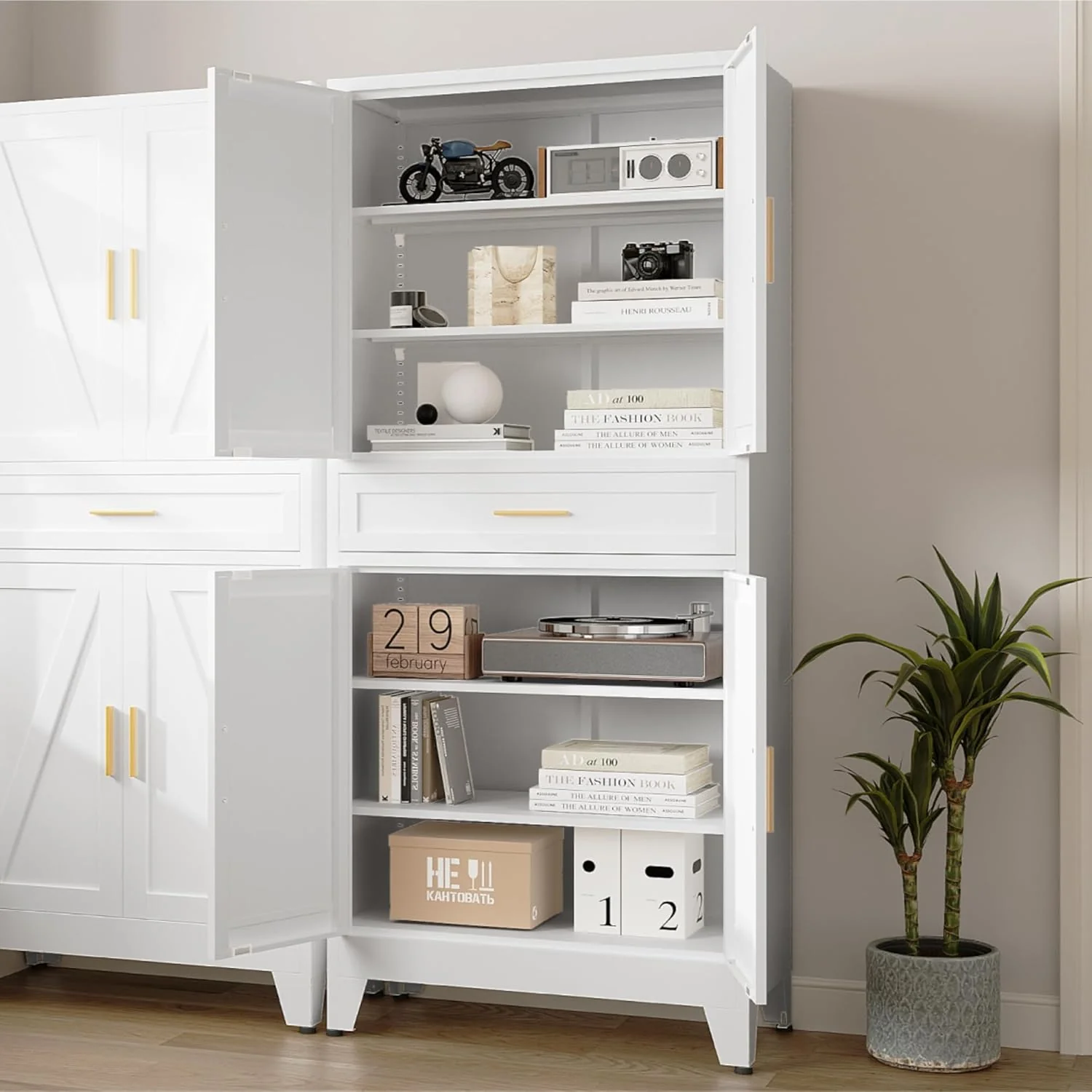 Farmhouse Metal Wardrobe Cabinet With Hanging Rod, 2 Barn Doors, Adjustable Shelves And Drawer, White – 71” Wardrobe