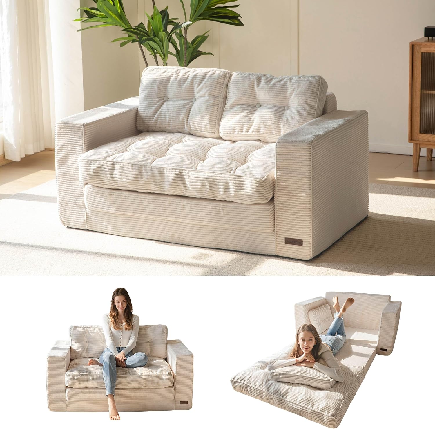 Convertible Pull-Out Folding Sofa Bed, Beige, Loveseat