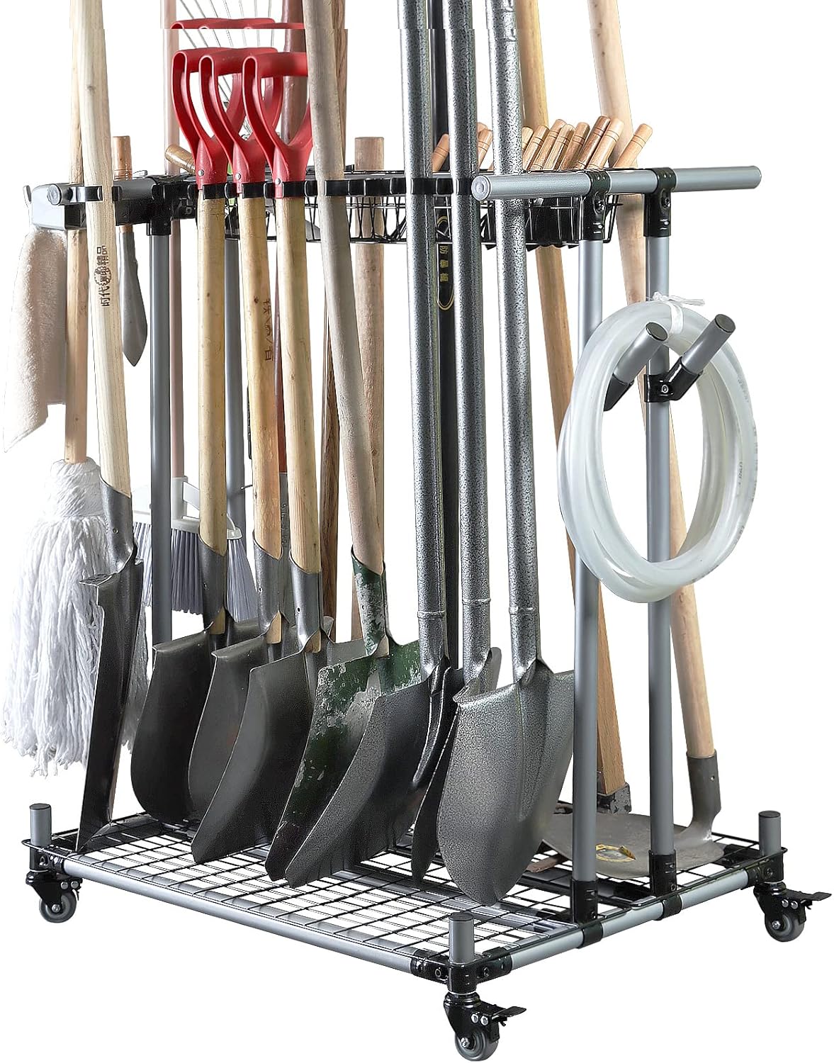 Garden Tool Organizer Metal Rack With Casters, 23.6in D x 31.5in W x 39.1in H – Garden