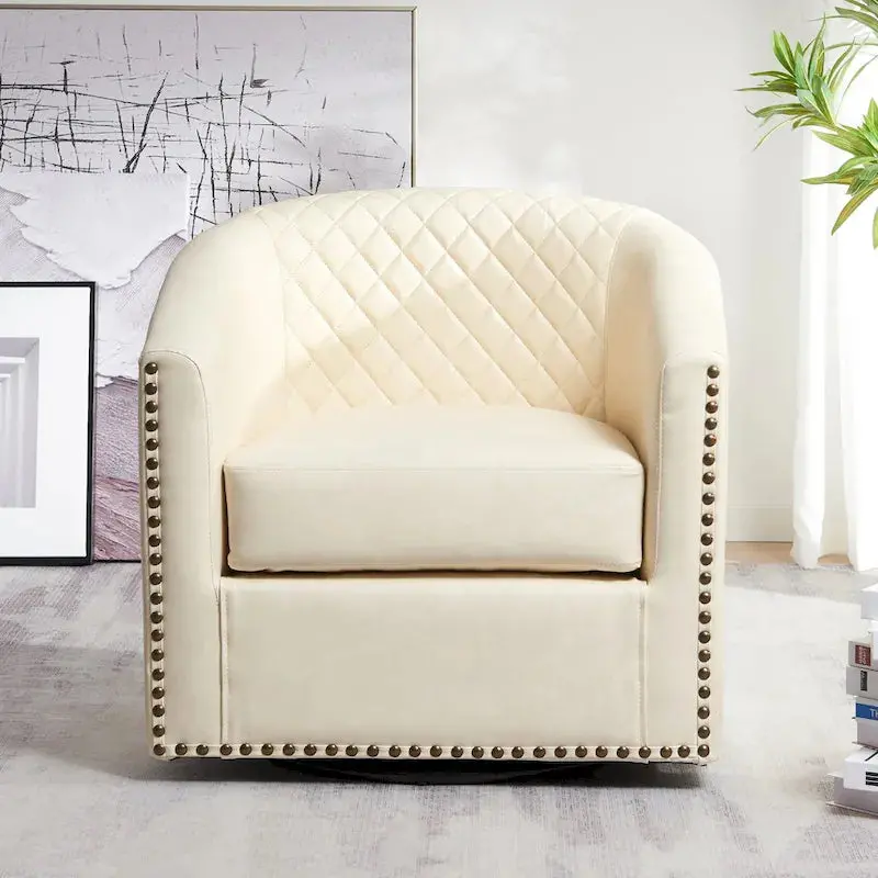 KINWELL Swivel Barrel Chair, 29 in Wide Tufted PU Leather – 360 Degree Rotation