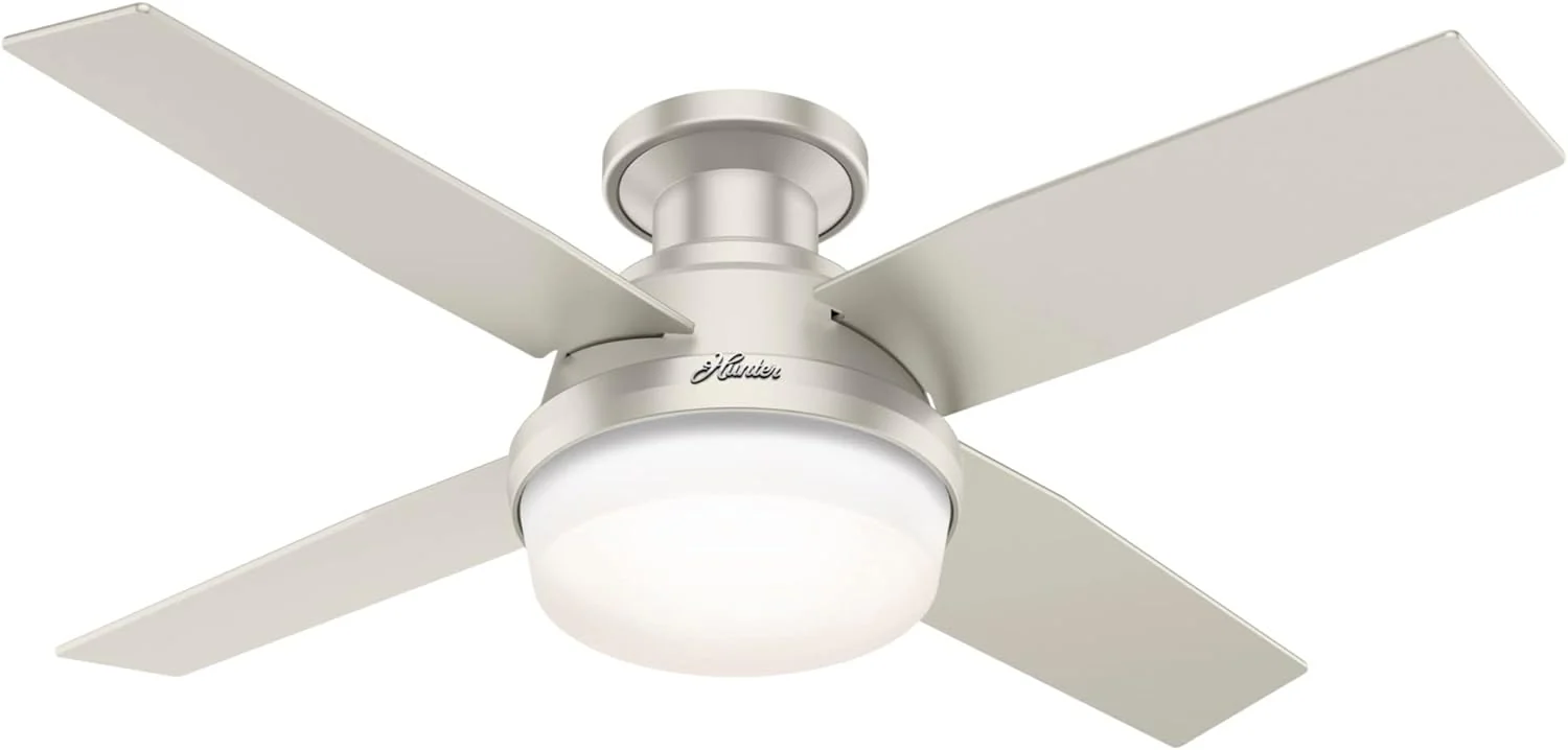 Hunter Fan Company Dempsey Indoor/Outdoor Low Profile Ceiling Fan With LED Light, 44 inch, Matte Nickel – 50398