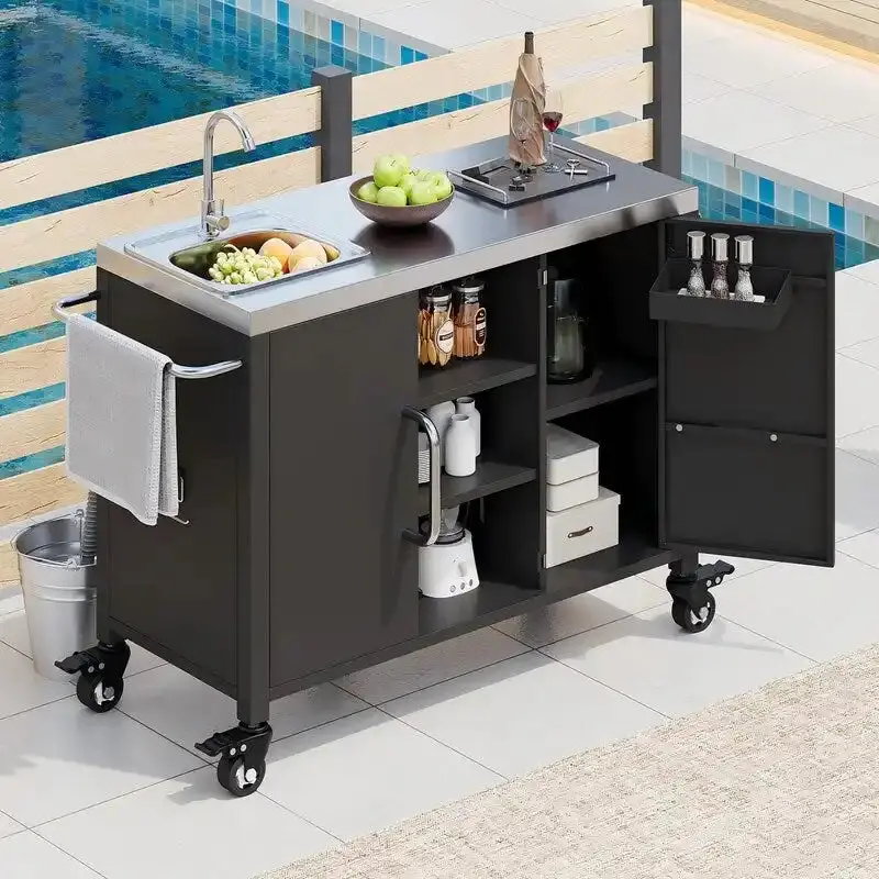 Outdoor Kitchen Island Mobile Bar Cart Station With Built-In Sink And Locking Casters