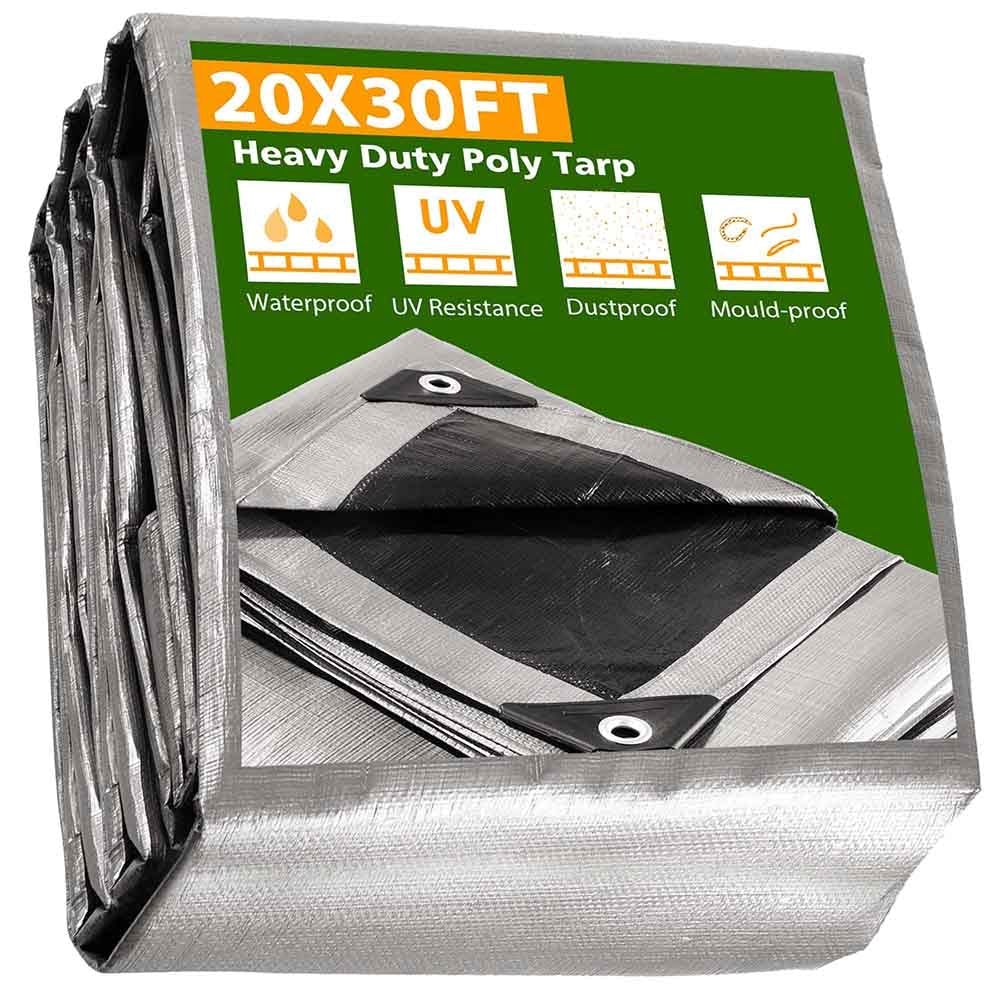 Heavy-Duty PE Tarp Shelter Cover, 20 ft x 30 ft, Silver/Black