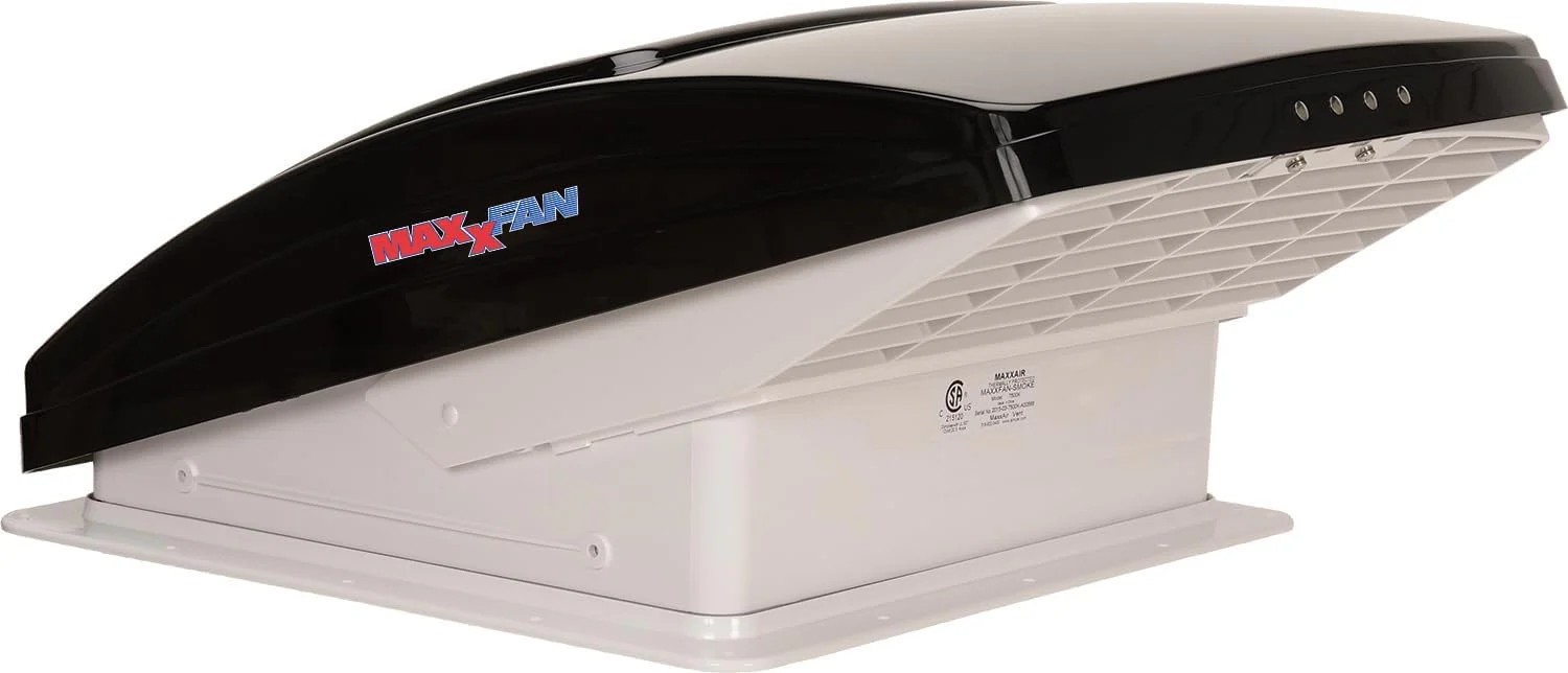 Maxx Air MaxxFan Deluxe RV Roof Vent Fan, Black, 12 Volt DC, 10 Speed, 22.5in x 16.5in x 5in – 00-07500K