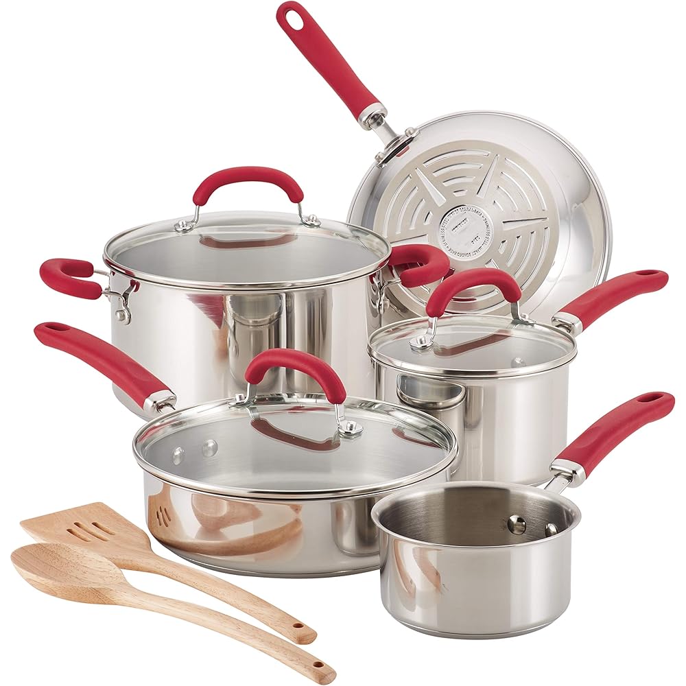 Rachael Ray Create Delicious Stainless Steel Cookware Set, 10-Piece, Red Handles – 70413