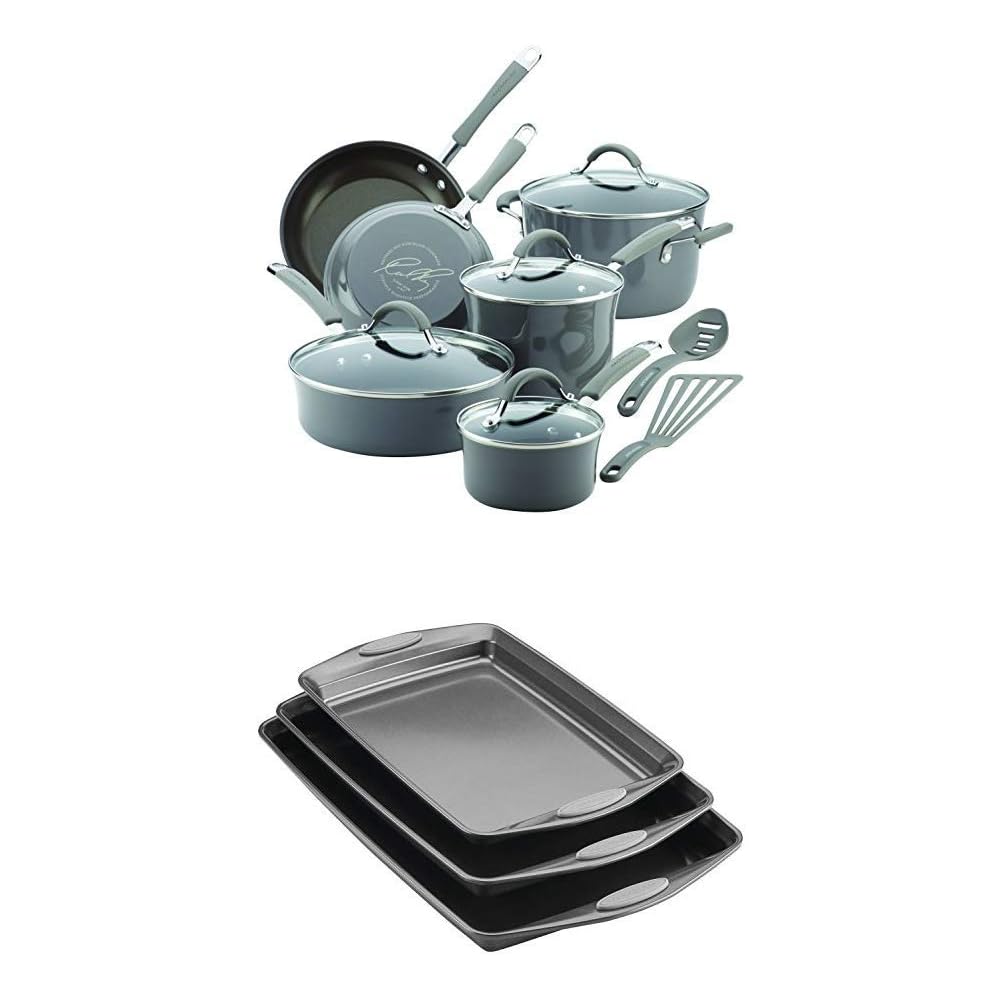 Rachael Ray Cucina 12-Piece Porcelain Enamel Nonstick Cookware Set With 3-Piece Cookie Pan Set – Sea Salt Gray