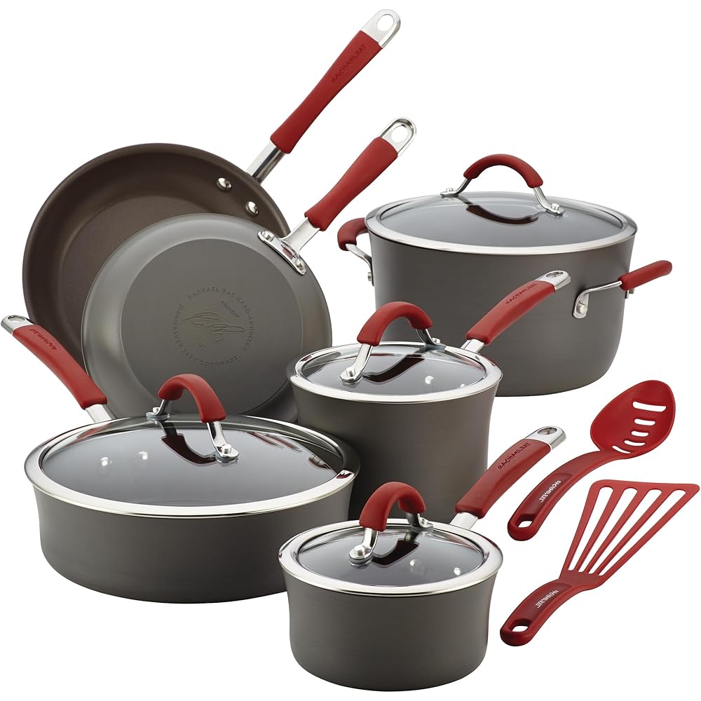 Rachael Ray Cucina Hard Anodized Nonstick Cookware Set, 12 Piece, Gray With Red Handles – 87630