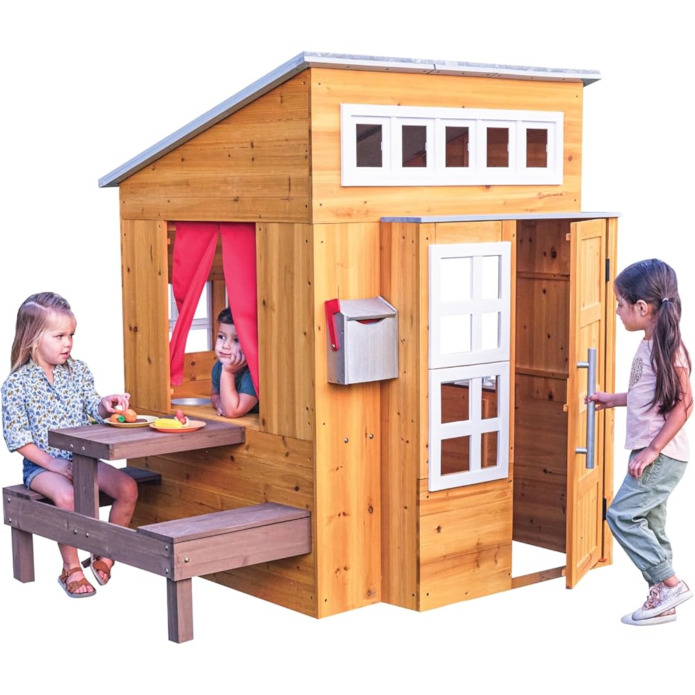 KidKraft Modern Outdoor Wooden Playhouse With Picnic Table, Mailbox And Outdoor Grill – Ages 3+