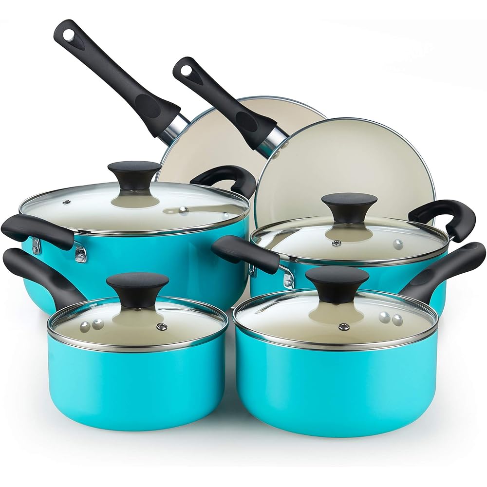 Cook N Home 10-Piece Ceramic Nonstick Aluminum Cookware Set With Lids – Turquoise