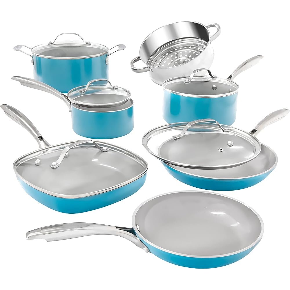 GOTHAM STEEL Aqua Blue 12 Piece Nonstick Ceramic Cookware Set – Turquoise