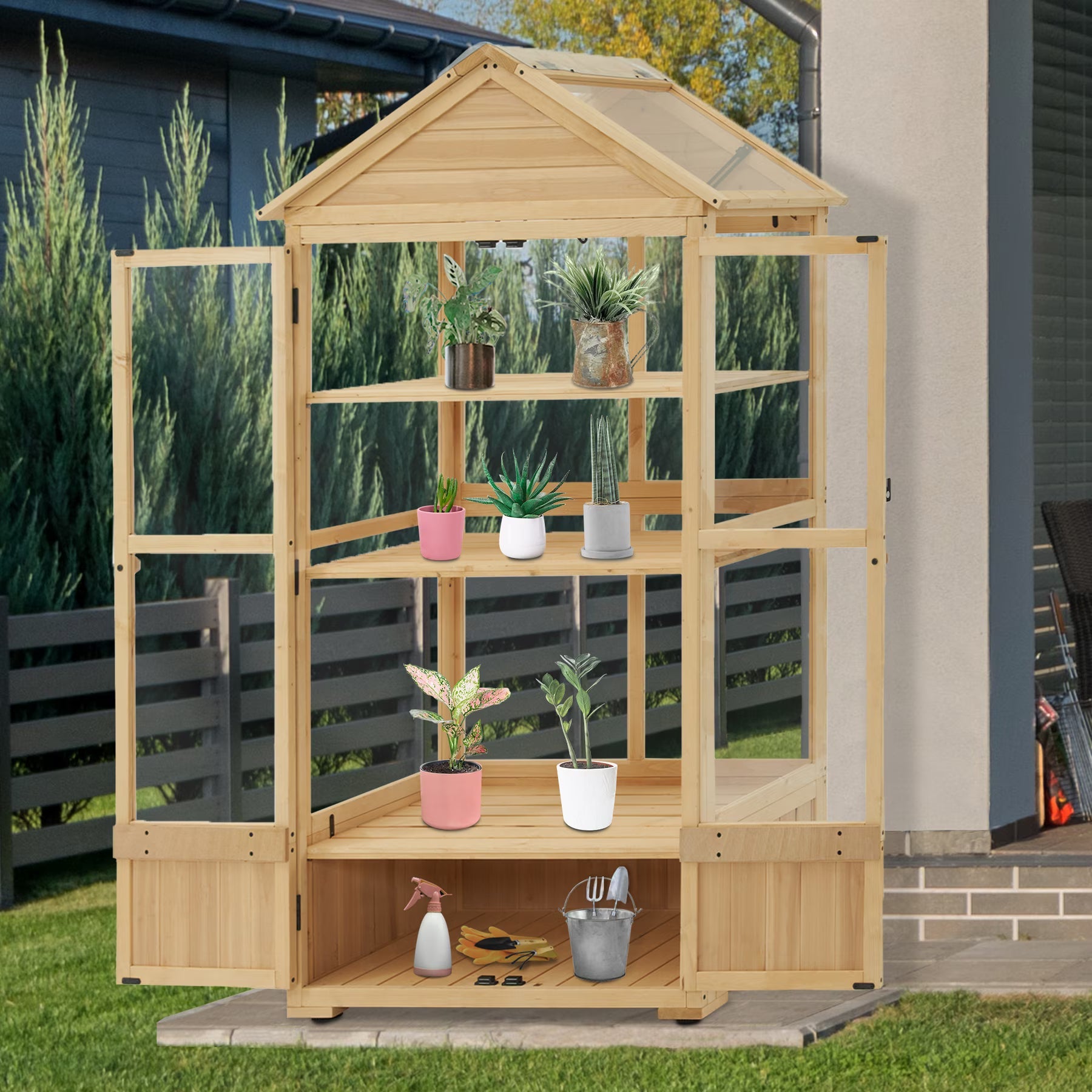 MCombo Cold Frame Greenhouse Cabinet, 3 Tier, 35.4″ x 21.3″ x 70.1″, Fir Wood – 0847