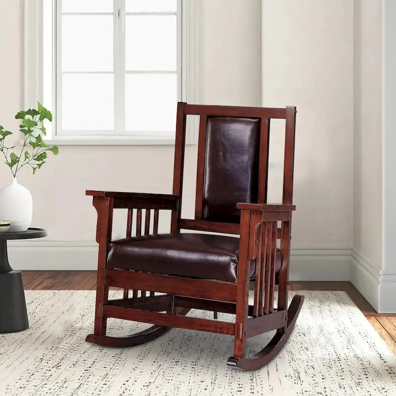 Mission-Style Leather Rocking Chair – Tobacco And Dark Brown Upholstered Seat And Backrest