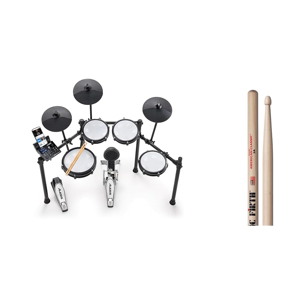 Alesis 8-Piece Electric Drum Set With 10in Dual-Zone Snare, Bluetooth, 440+ Sounds And Vic Firth American Classic 5A Sticks – Nitro Max Kit