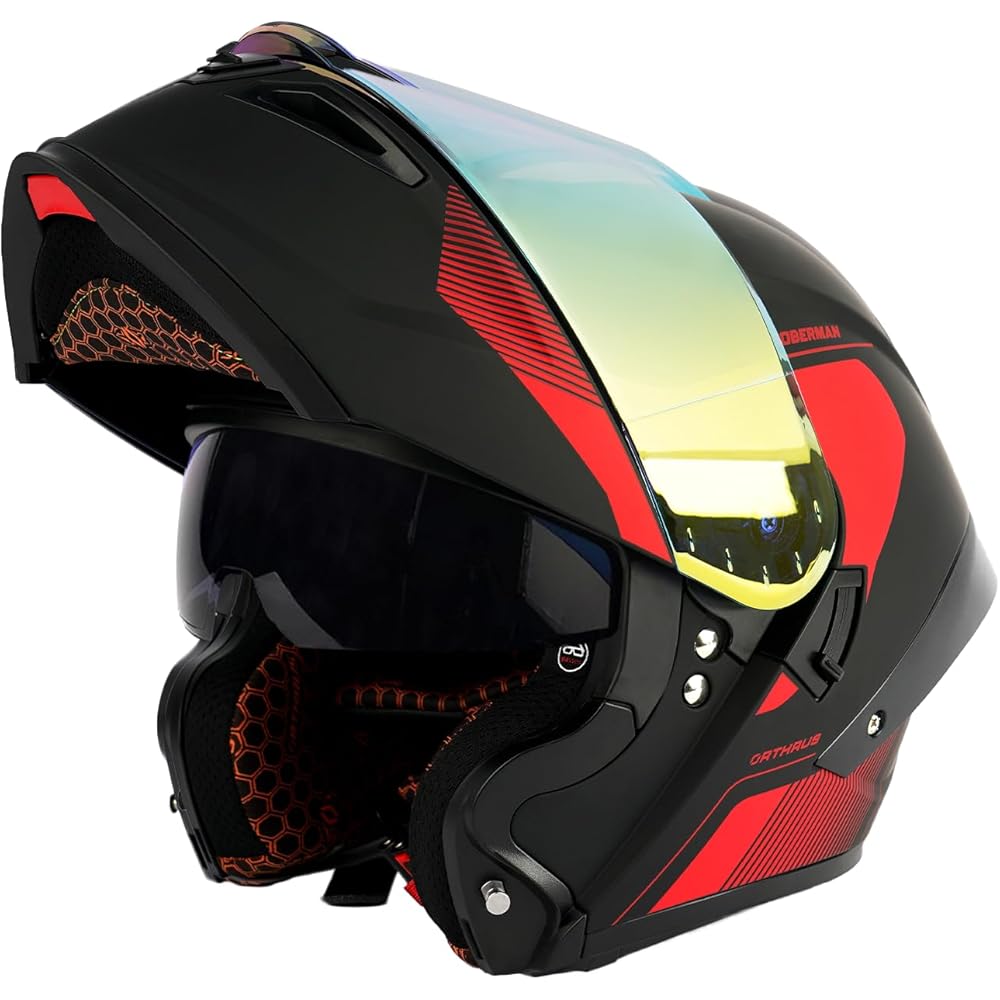 Orthrus Modular LED Full Face Motorcycle Helmet, Dobermann Red, M