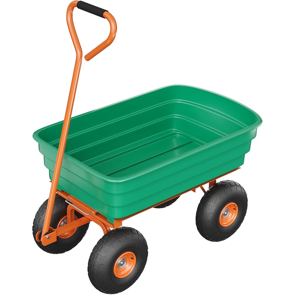 GarveeTech Garden Dump Cart, 600 Lb Capacity, 180 Degree Adjustable Handle – Green+Orange