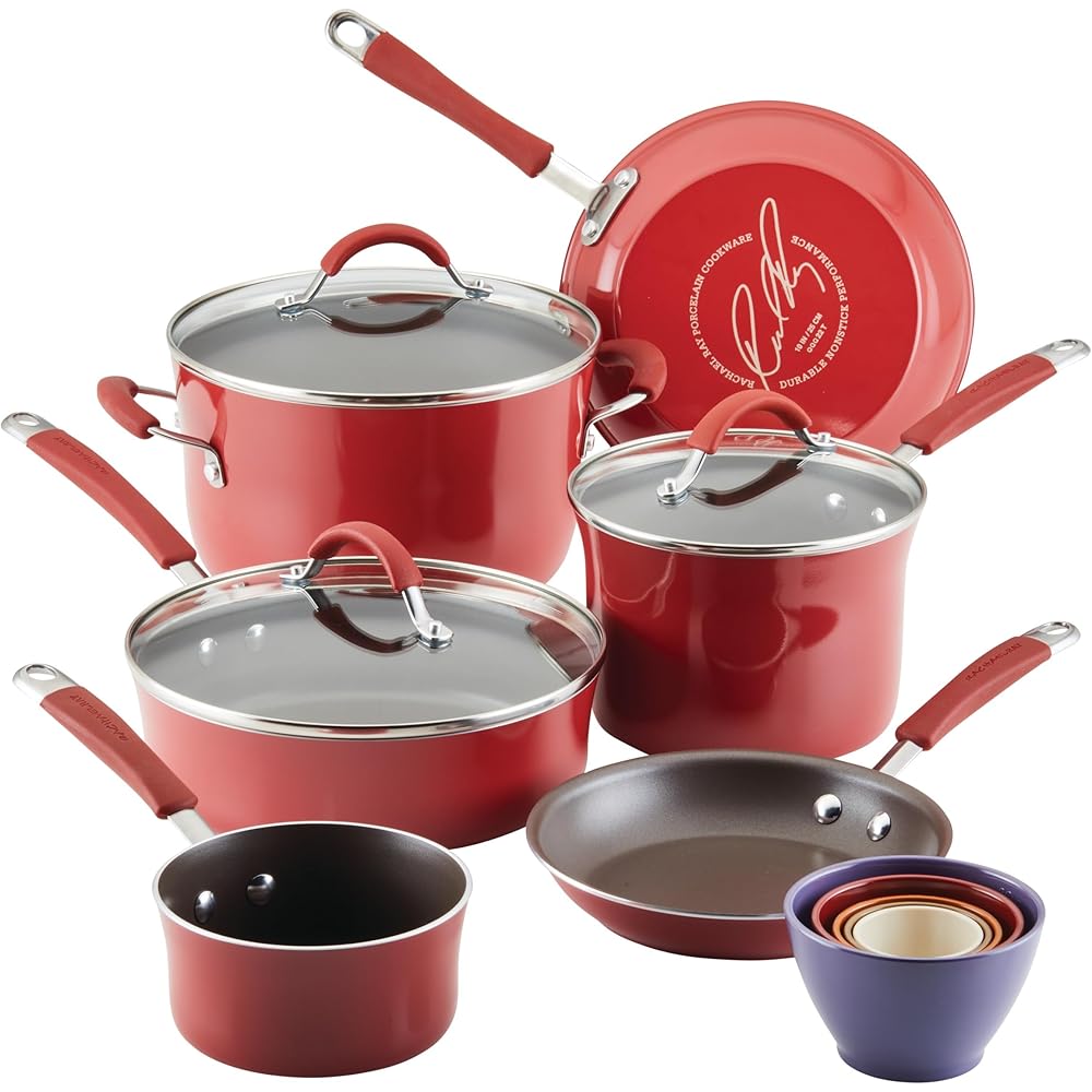 Rachael Ray Cucina Nonstick Cookware Set With Glass Lids And Nesting Measuring Cups, 14 Piece, Cranberry Red