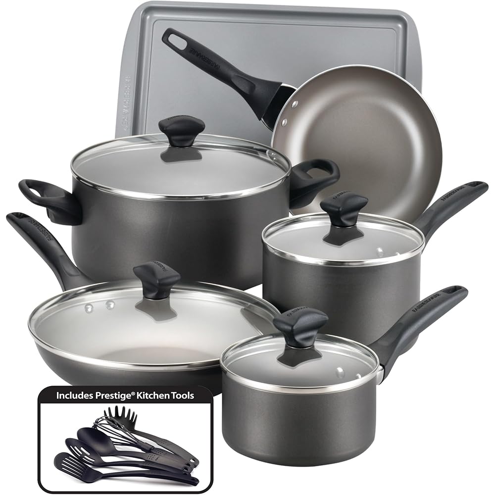 Farberware Nonstick Cookware Set, 15 Piece, Pewter