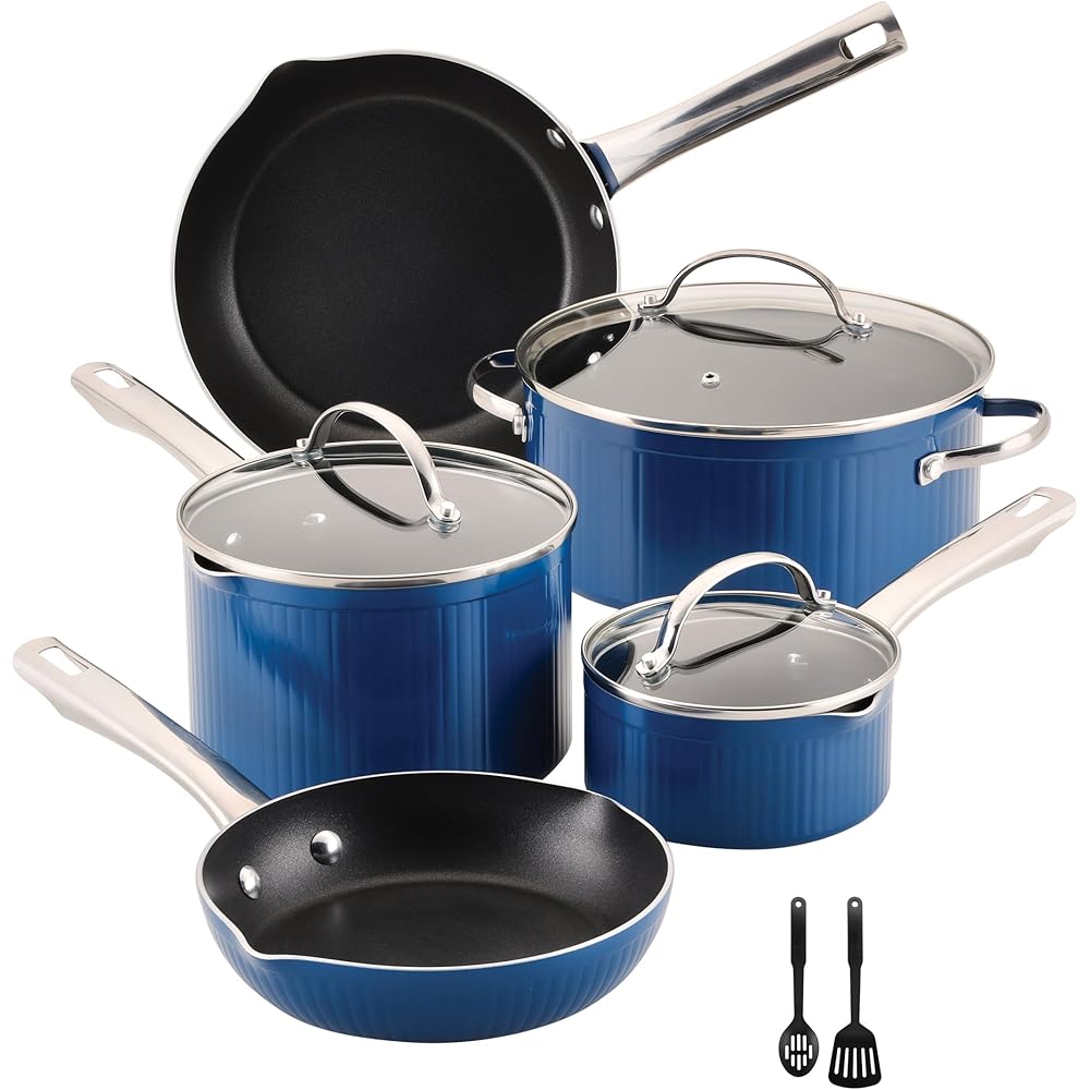 Farberware Style Nonstick Cookware Pots And Pans Set With Cooking Utensils, Dishwasher Safe, 10 Piece Blue