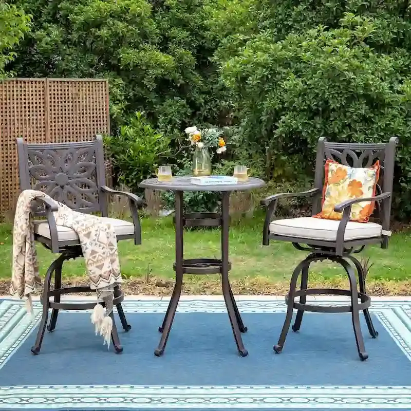 MAISON ARTS Cast Aluminum Patio Bar Set, 3-Piece, Bronze – Round Or Square Table