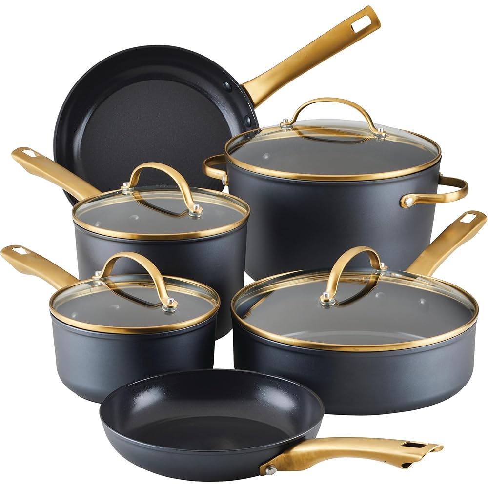 Farberware Forged Induction Ceramic Nonstick 12 Piece Cookware Set With Lids And Cooking Tools – Black And Gold