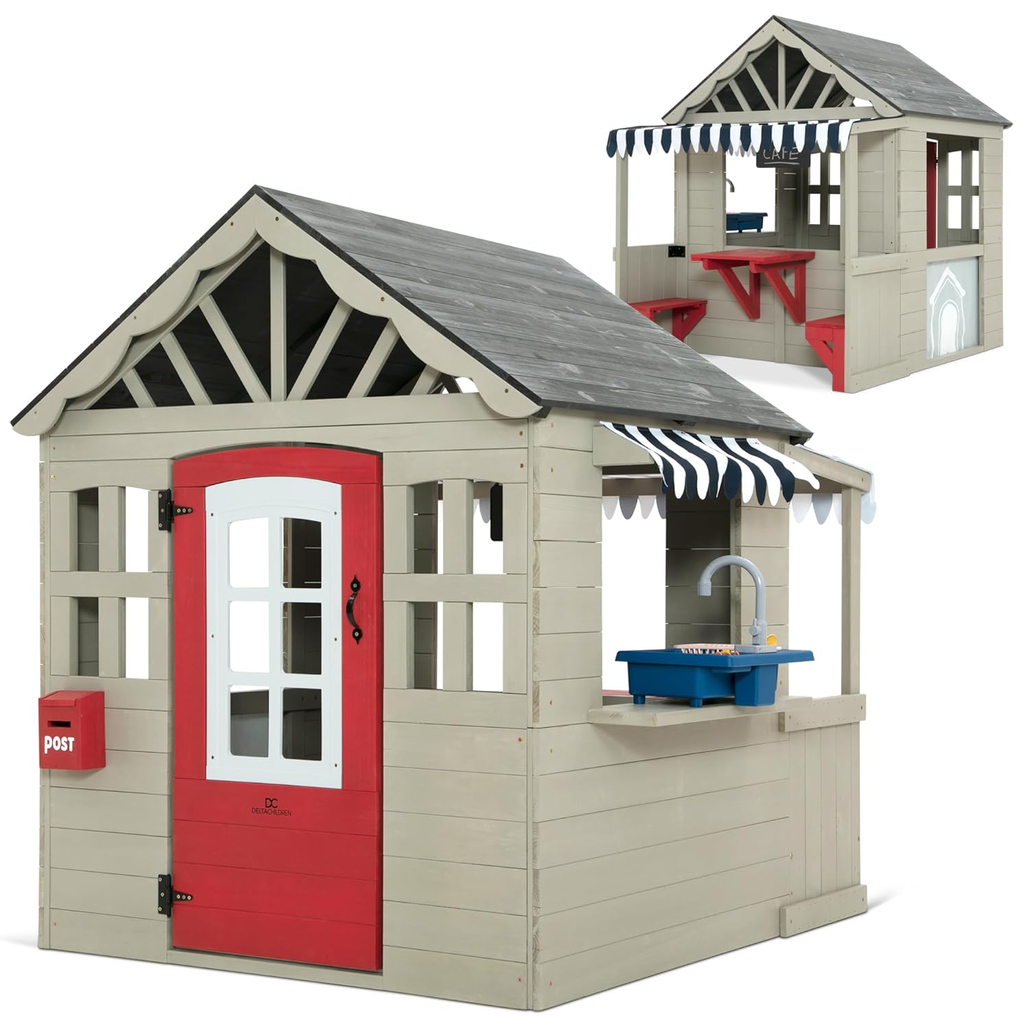 Delta Children MySize Deluxe Outdoor Cedar Playhouse With Play Sink, Picnic Table And Mailbox, Grey – 50in W x 57.1in D x 57in H