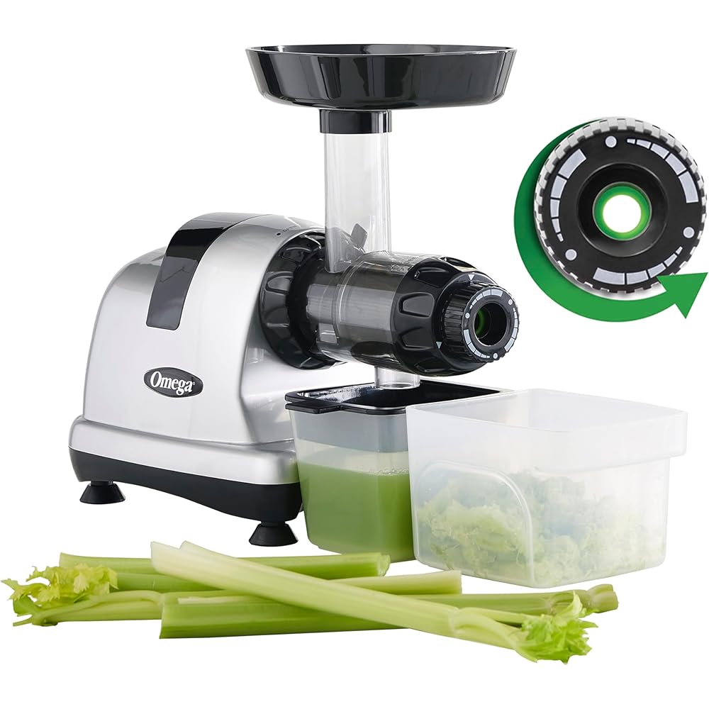 Omega Masticating Cold Press Juicer for Celery, 200-Watts, Silver – 6.5in D x 14.5in W x 15.5in H