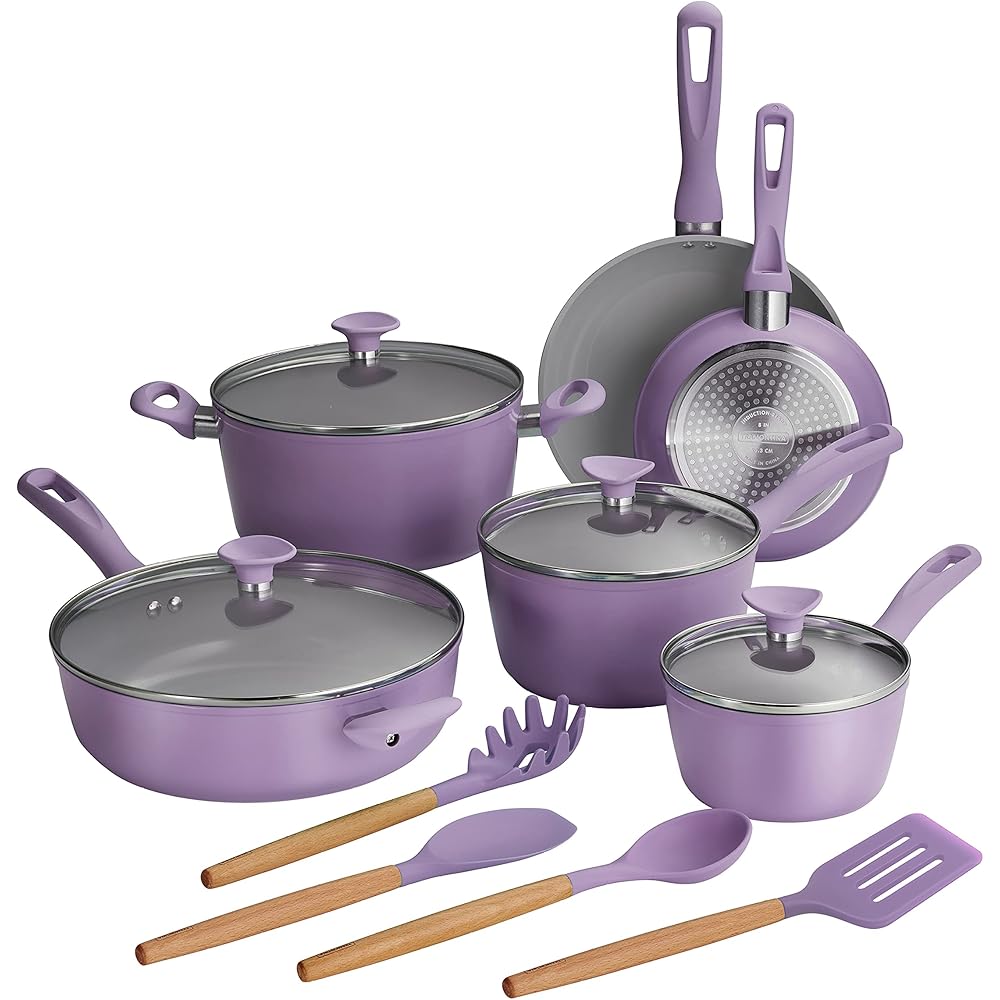 Tramontina Ceramic Nonstick Aluminum Cookware Set With Lids, 14-Piece, Purple – Solara
