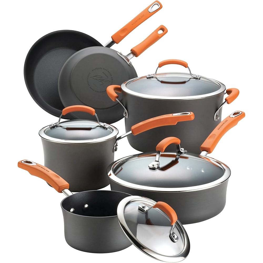 Rachael Ray Brights Hard-Anodized Aluminum Nonstick 10-Piece Cookware Set, Gray With Orange Handles – 87375