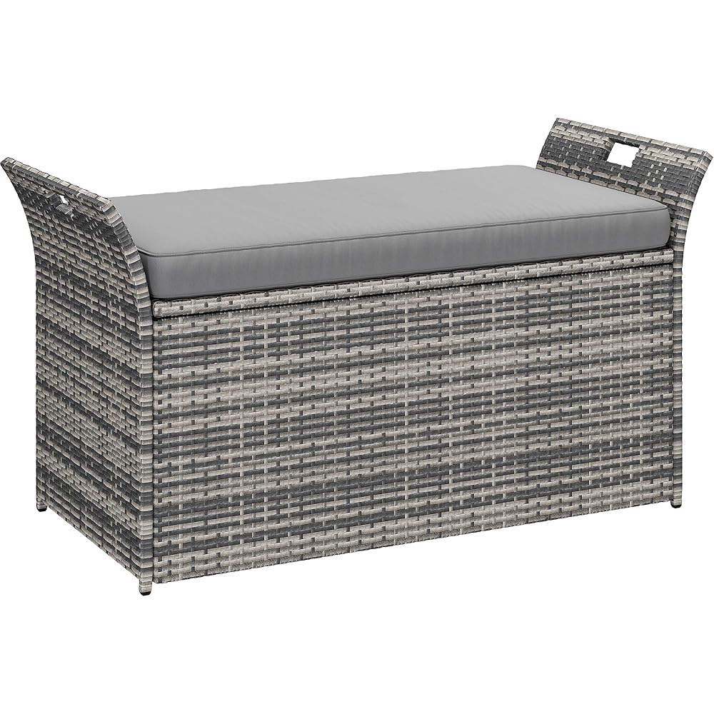 YITAHOME Outdoor Wicker Storage Bench With Cushion, 90 Gallon, Gray