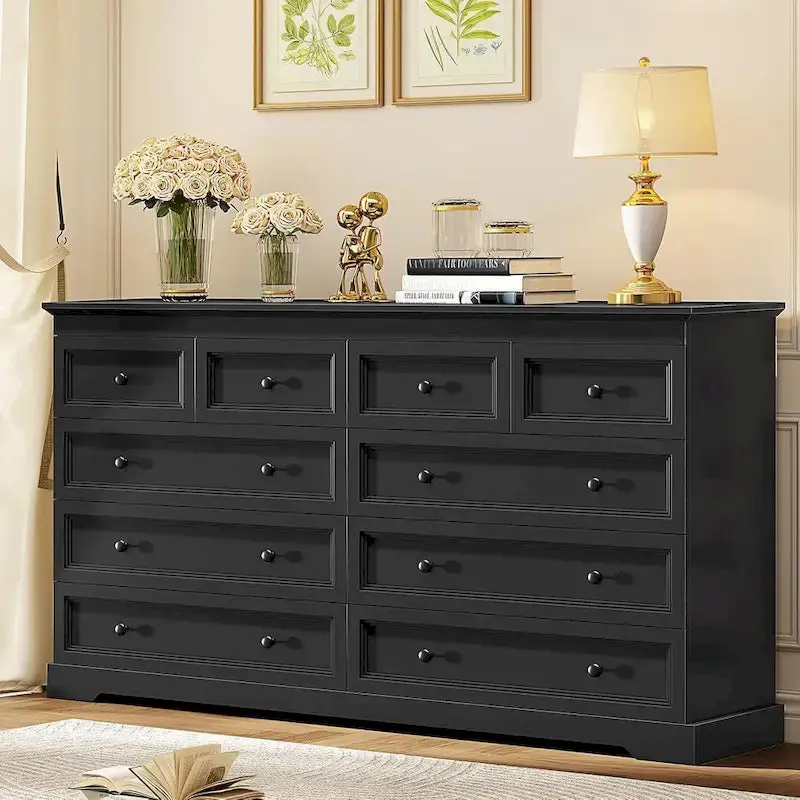 10-Drawer Wooden Dresser, White With Black Wood Top, 55 x 15.8 x 35 – Chest Of Drawers