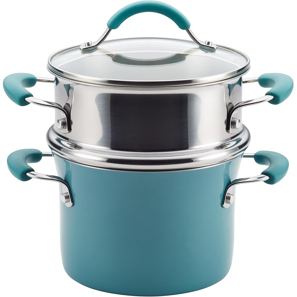 Rachael Ray Cucina Hard Porcelain Enamel Nonstick Multi-Pot Steamer Set, 3-Quart, Agave Blue – 16799