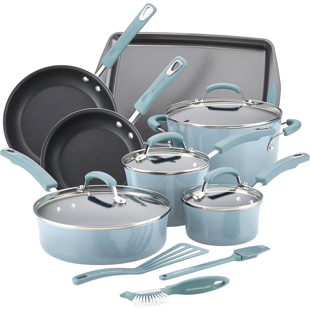 Rachael Ray Brights Nonstick 14 Piece Cookware Set With Bakeware And Kitchen Tools, Sky Blue