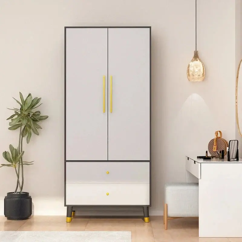 Wooden 2-Door Armoire Wardrobe Closet With 2 Drawers And Clothes Rail – 70.9H x 31.5W x 19.1D
