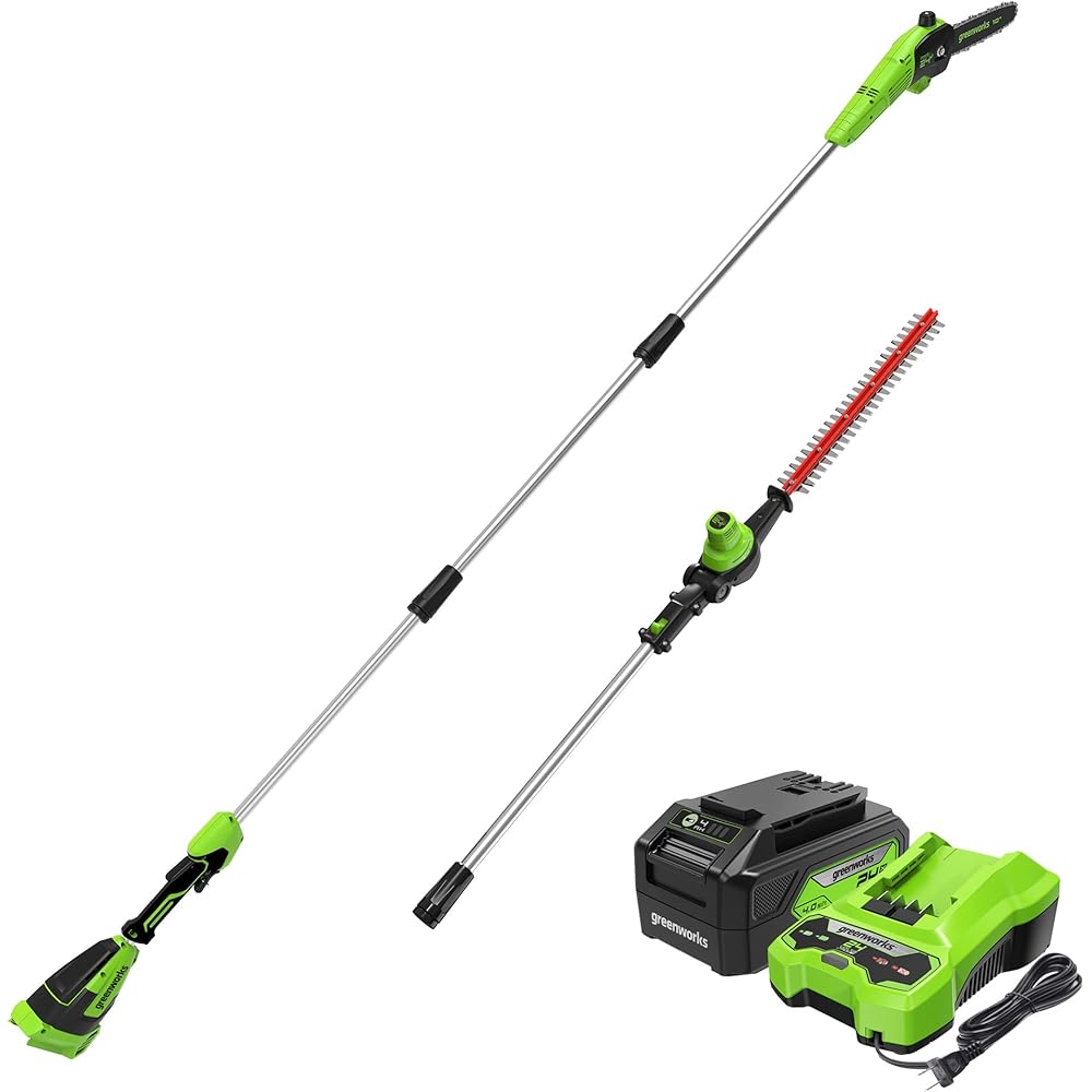 Greenworks 24V Brushless Cordless Polesaw And Pole Hedge Trimmer Combo Kit – 10in Bar, 20in Blade, 4.0Ah Battery And Charger
