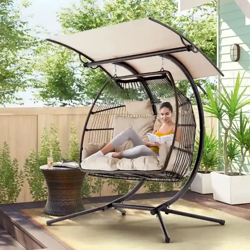 Double Outdoor Swing Loveseat With Stand, Awning And Cushions – Beige