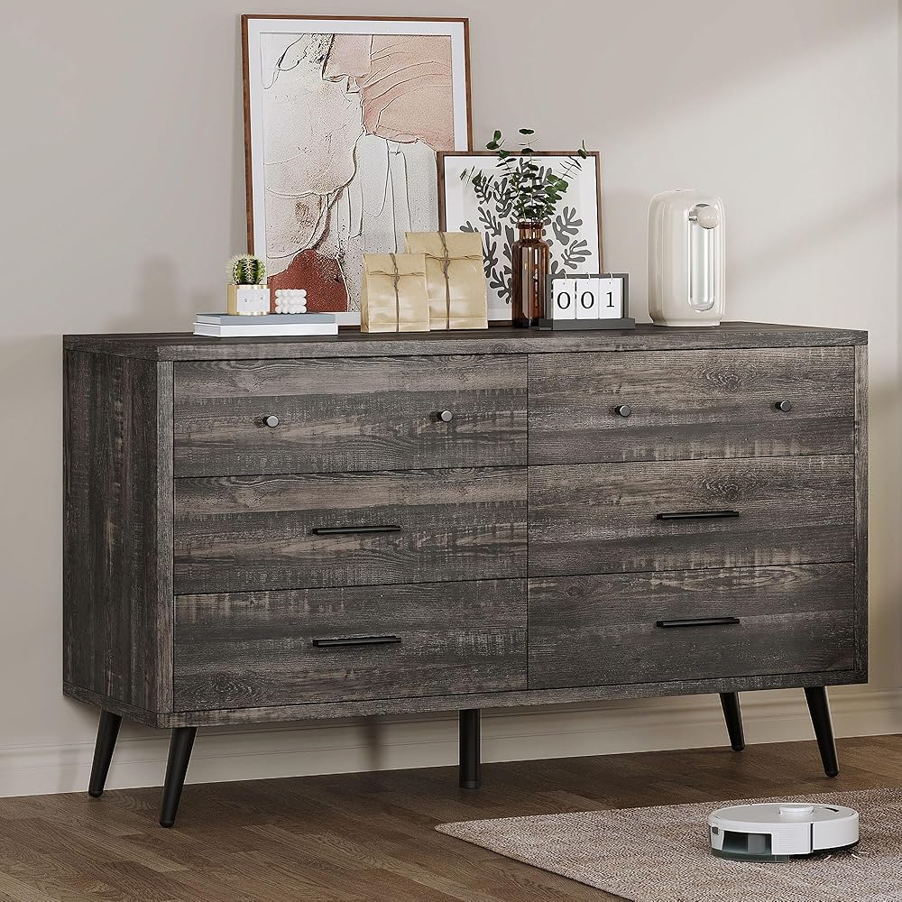 DWVO 6-Drawer Dresser With Black Metal Handles, 47in x 15.7in x 31in – Dark Rustic Oak