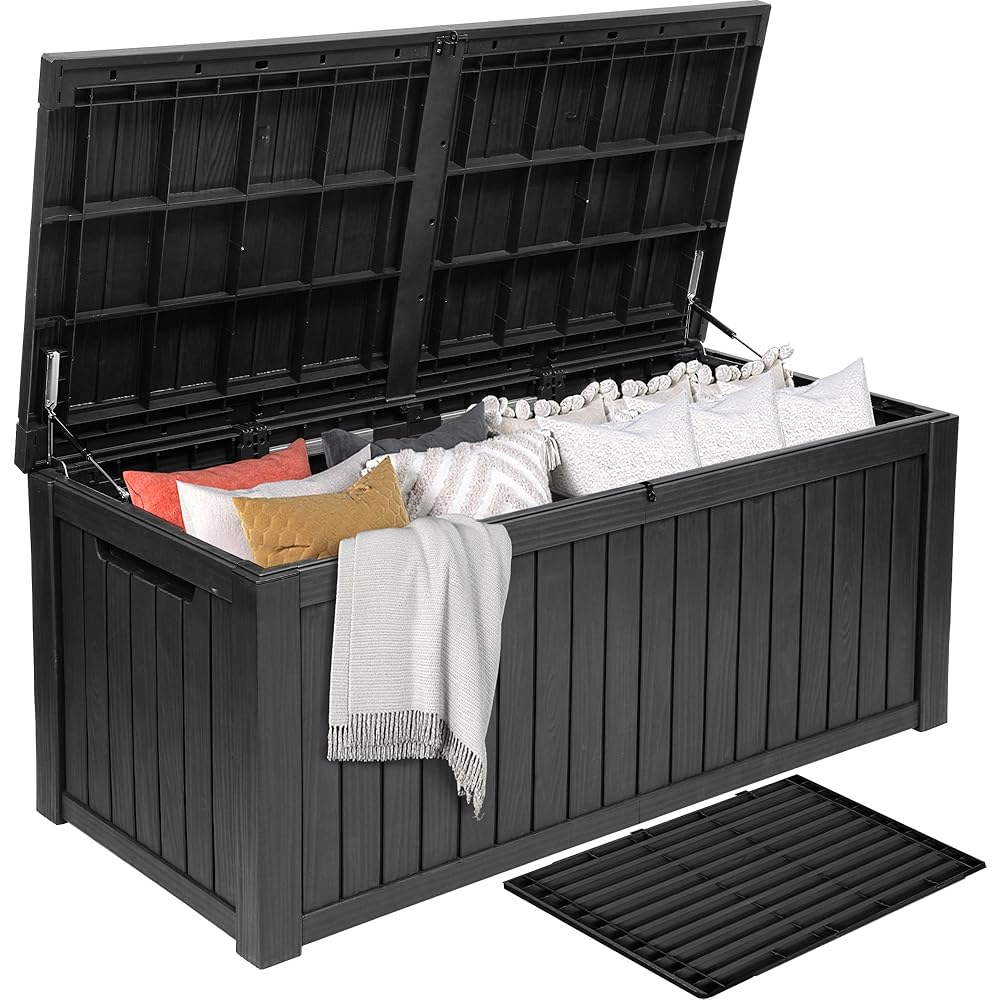 DWVO 150 Gallon XL Resin Deck Box With Divider And Lockable Lid, Black