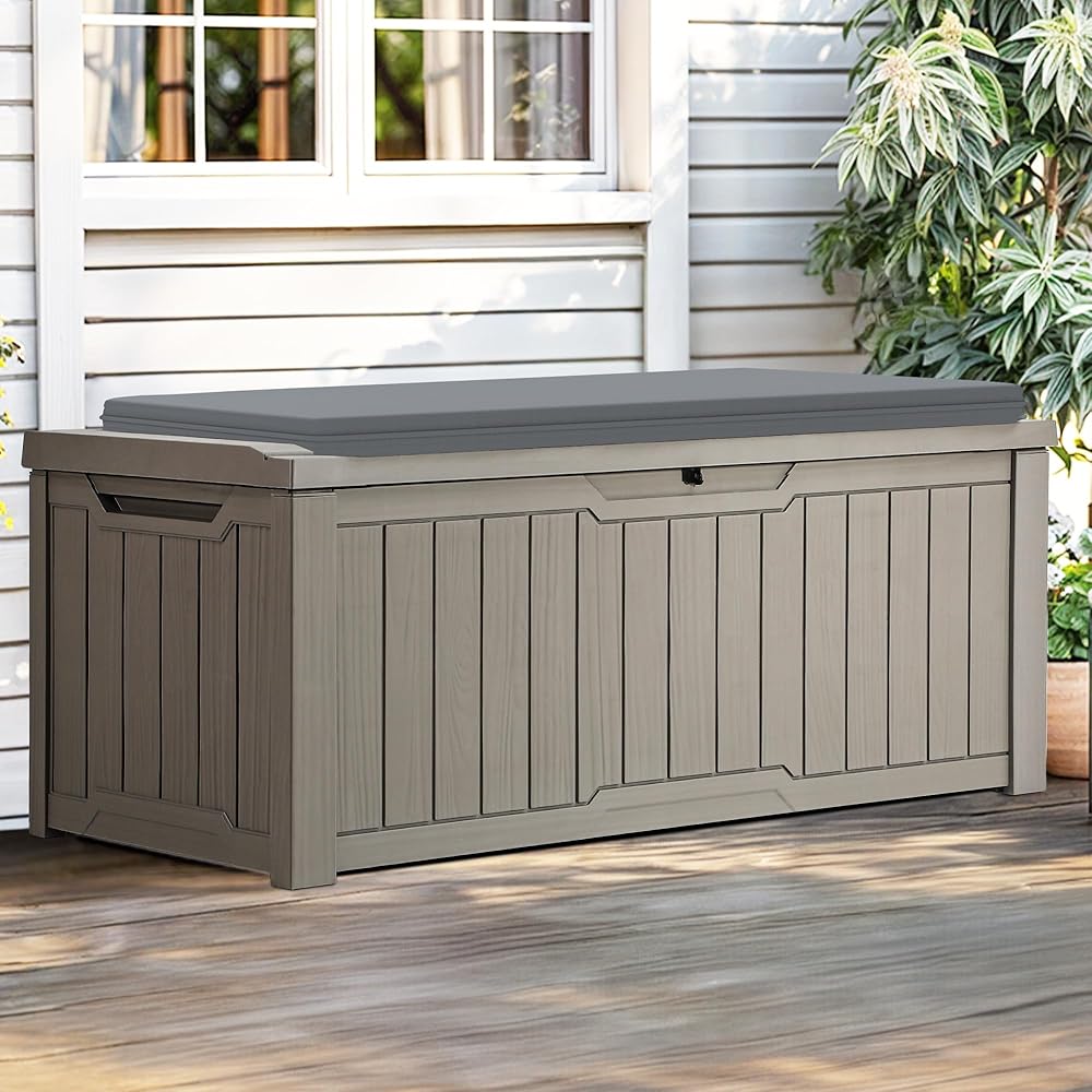 YITAHOME Outdoor Storage Deck Box With Cushion, 120 Gallon, Light Brown