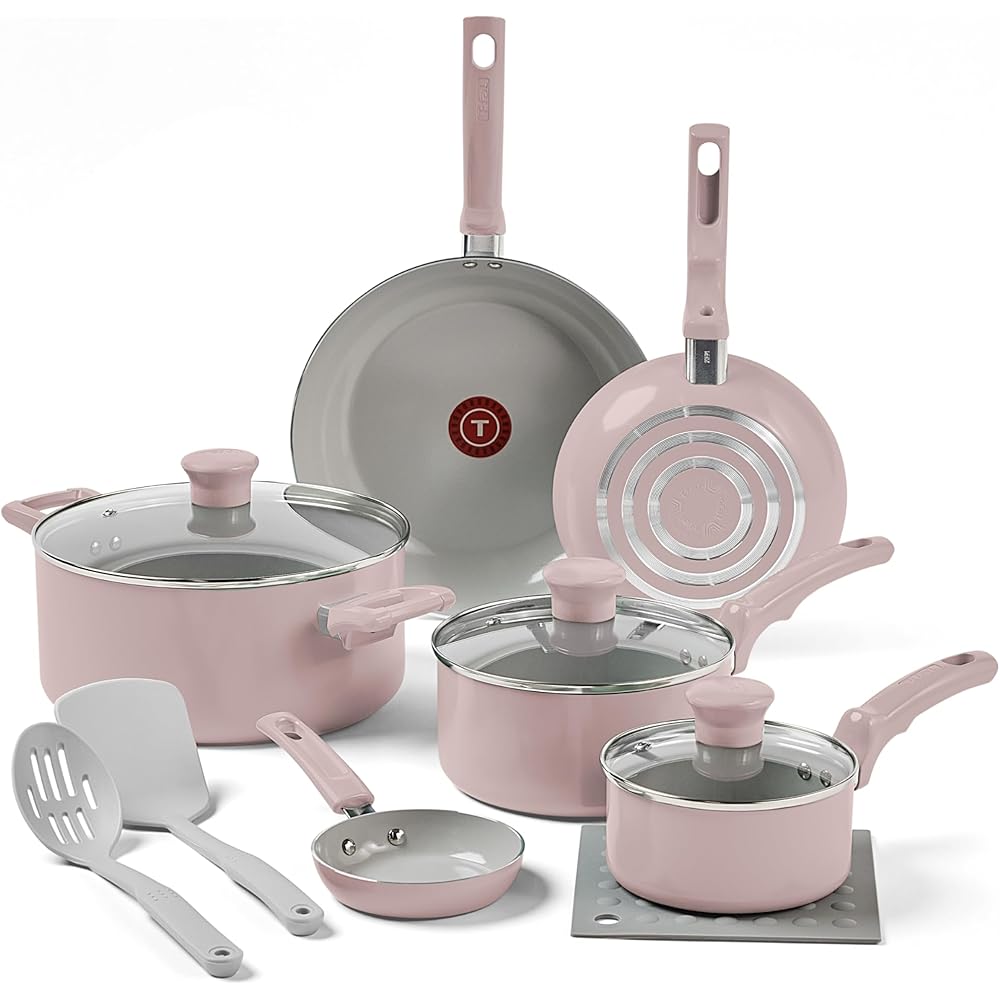 T-Fal Refresh Ceramic Nonstick Cookware Set, 12-Piece, Dusty Rose