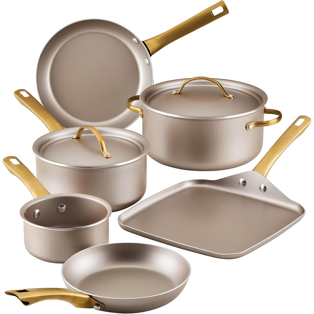 Farberware Radiant Nonstick Aluminum Cookware Set With Lids And Cooking Tools, 12 Piece, Champagne