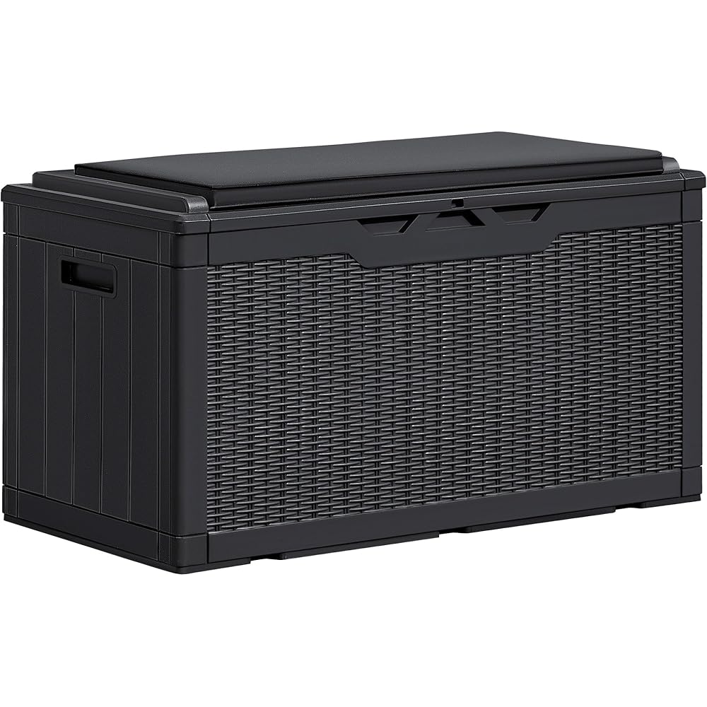 Greesum Resin Deck Box With Cushion, 100 Gallon, Black – 48in x 26.8in x 22.4in