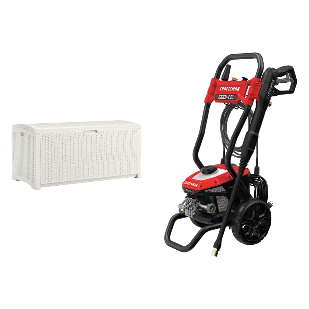 Suncast 99 Gallon Resin Wicker Patio Storage Box, White, With CRAFTSMAN 1900 PSI Electric Pressure Washer – CMEPW1900