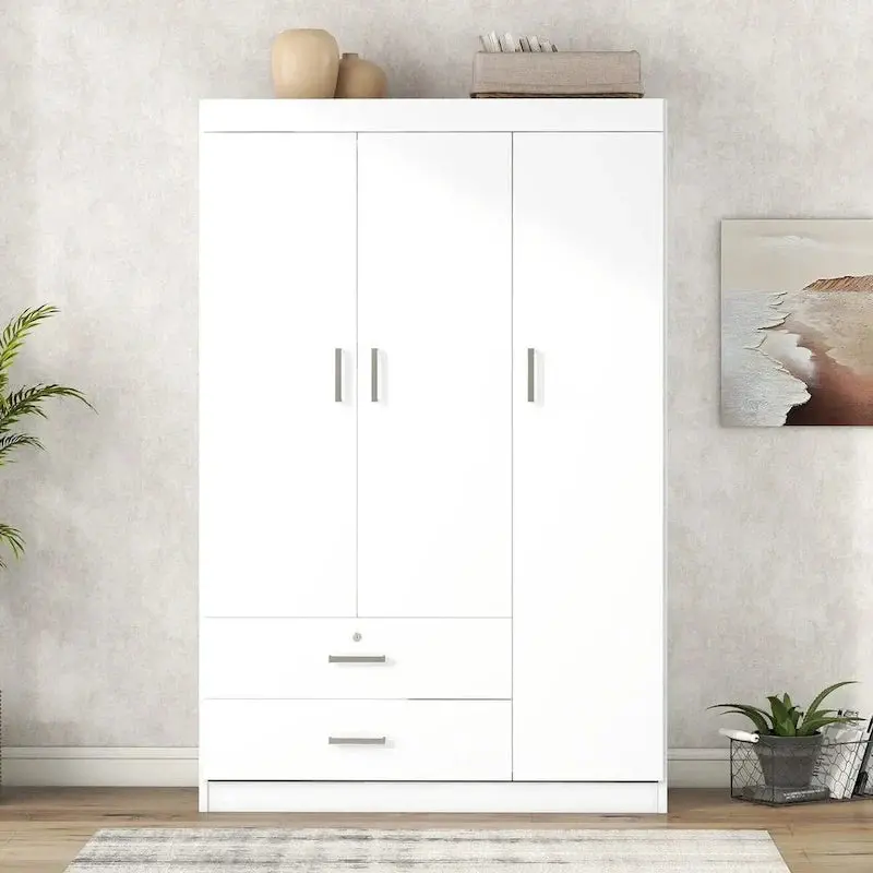 3-Door Wardrobe With Dual Drawers, Shelves And Hanging Rail – 41.3L x 18.5W x 68.2H
