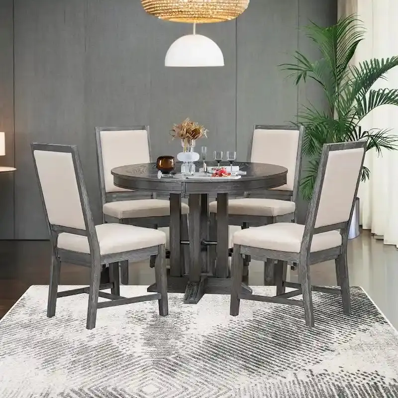 Farmhouse Extendable Round Dining Table Set With 4 Upholstered Chairs – 5-Piece